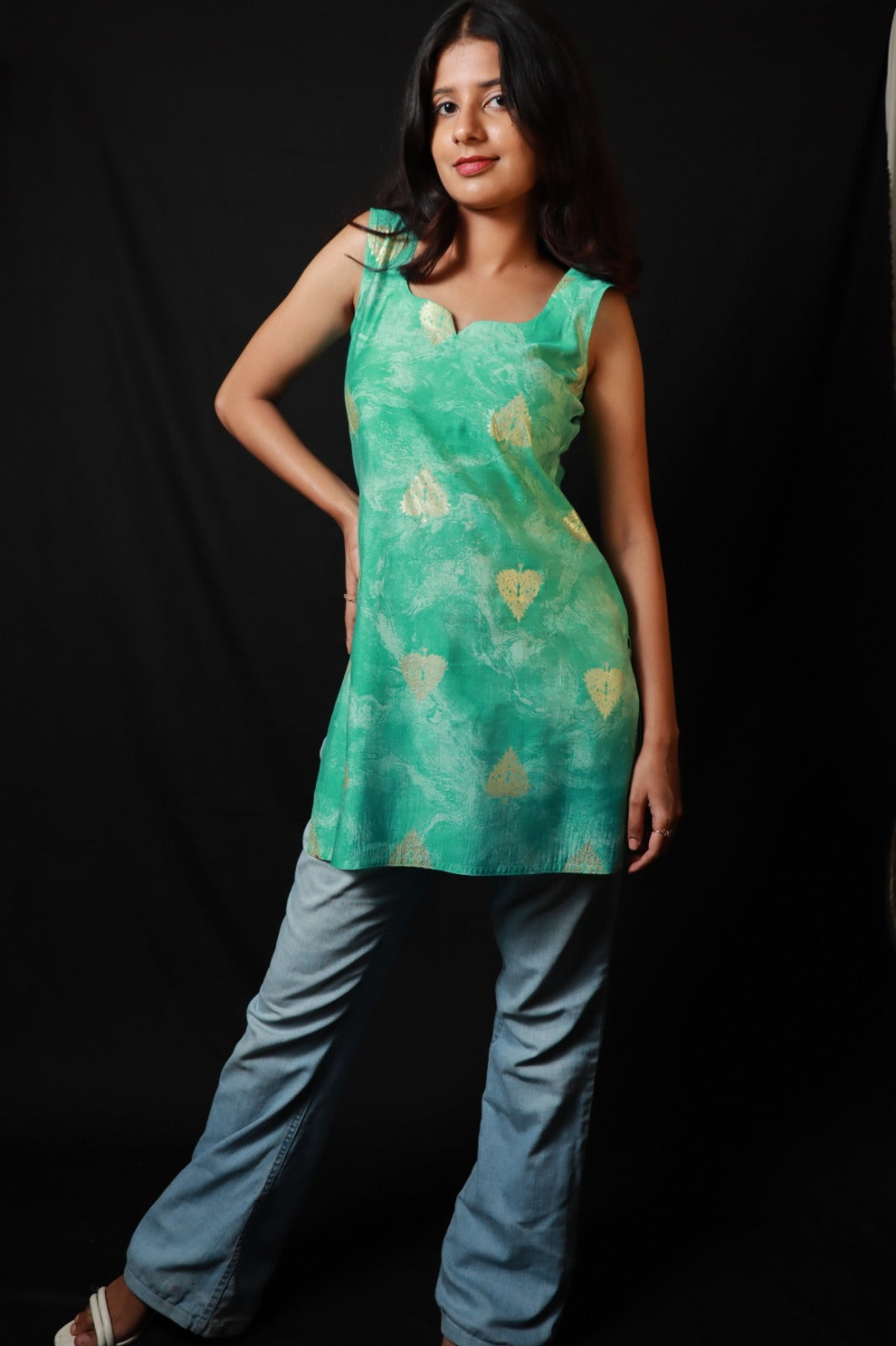 sleeveless knee length jeans top with curved scoop neck (only top)