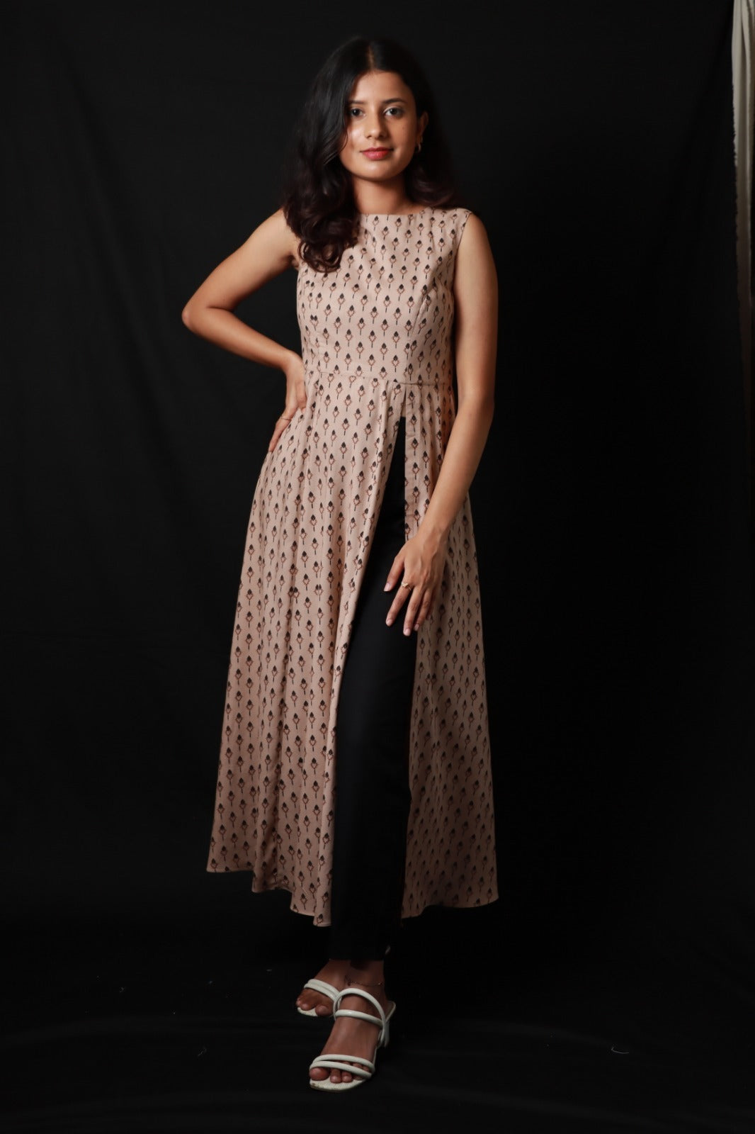 Printed straight kurta with front slit and black pants