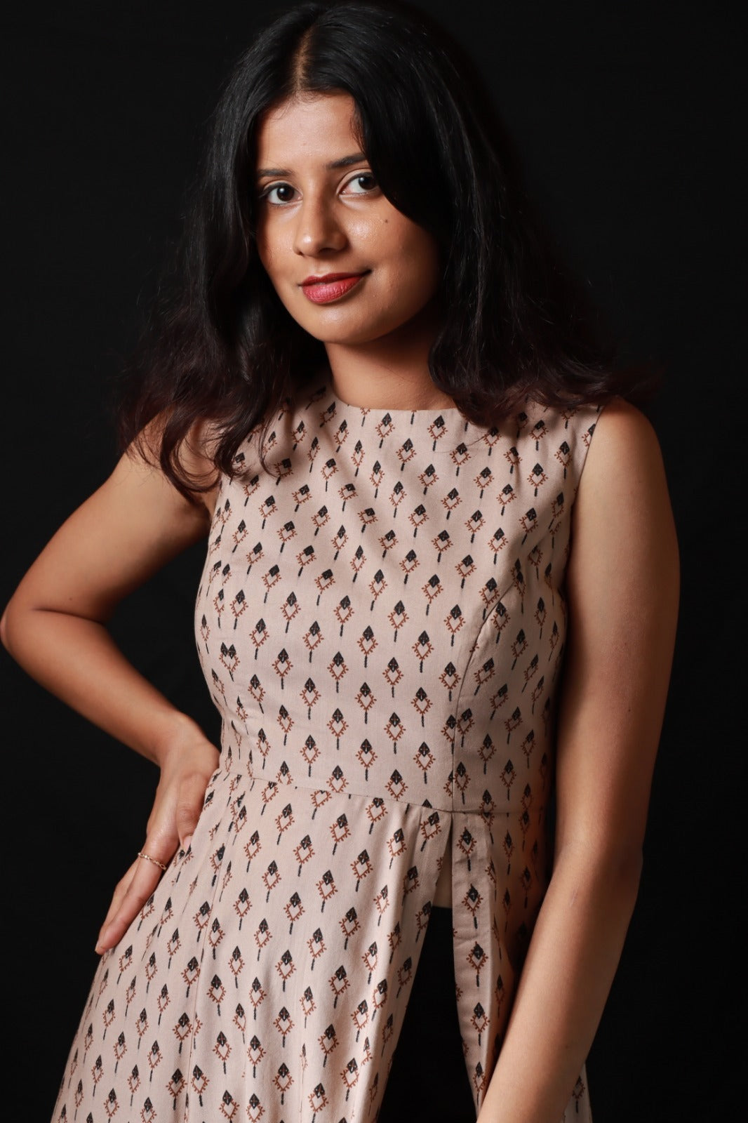 Printed straight kurta with front slit and black pants
