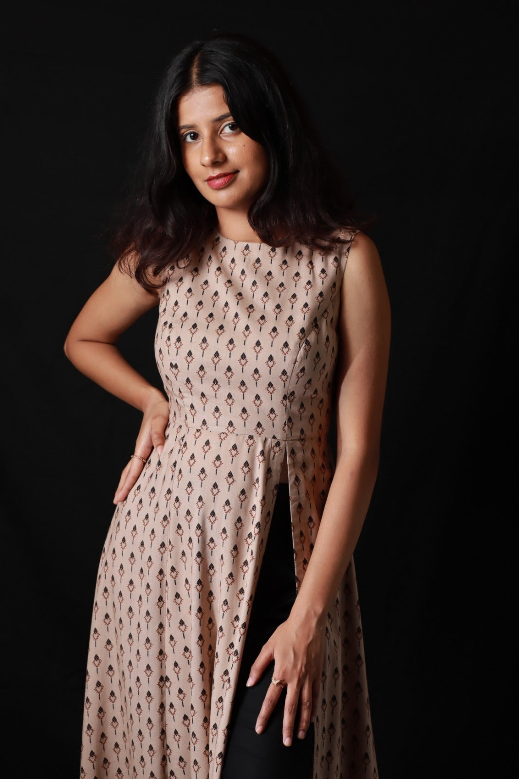Printed straight kurta with front slit and black pants